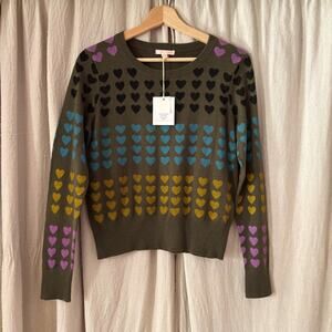Lisa Todd Heart Khaki Army Green Sweater S NWT Cotton Cashmere Valentine's Day
